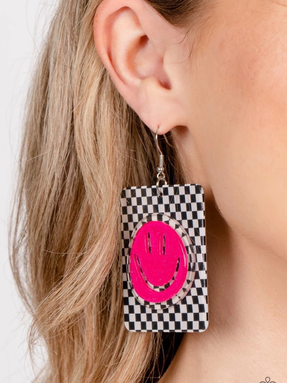 Paparazzi Earring ~ Cheeky Checkerboard - Pink